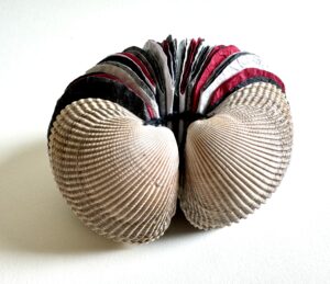 Cockle shell covers with momigami paper pages in assorted colors of red, black, white, grey. Coptic binding. Book opened